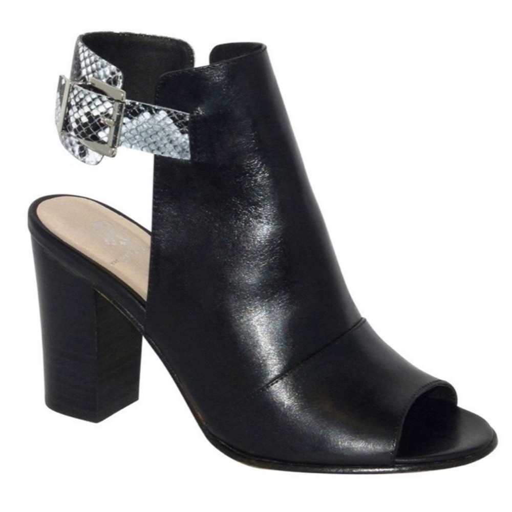 Black Leather Snakeskin Andrew Stevens Cheyenne Stacked Heel Peeptoe, 8.5